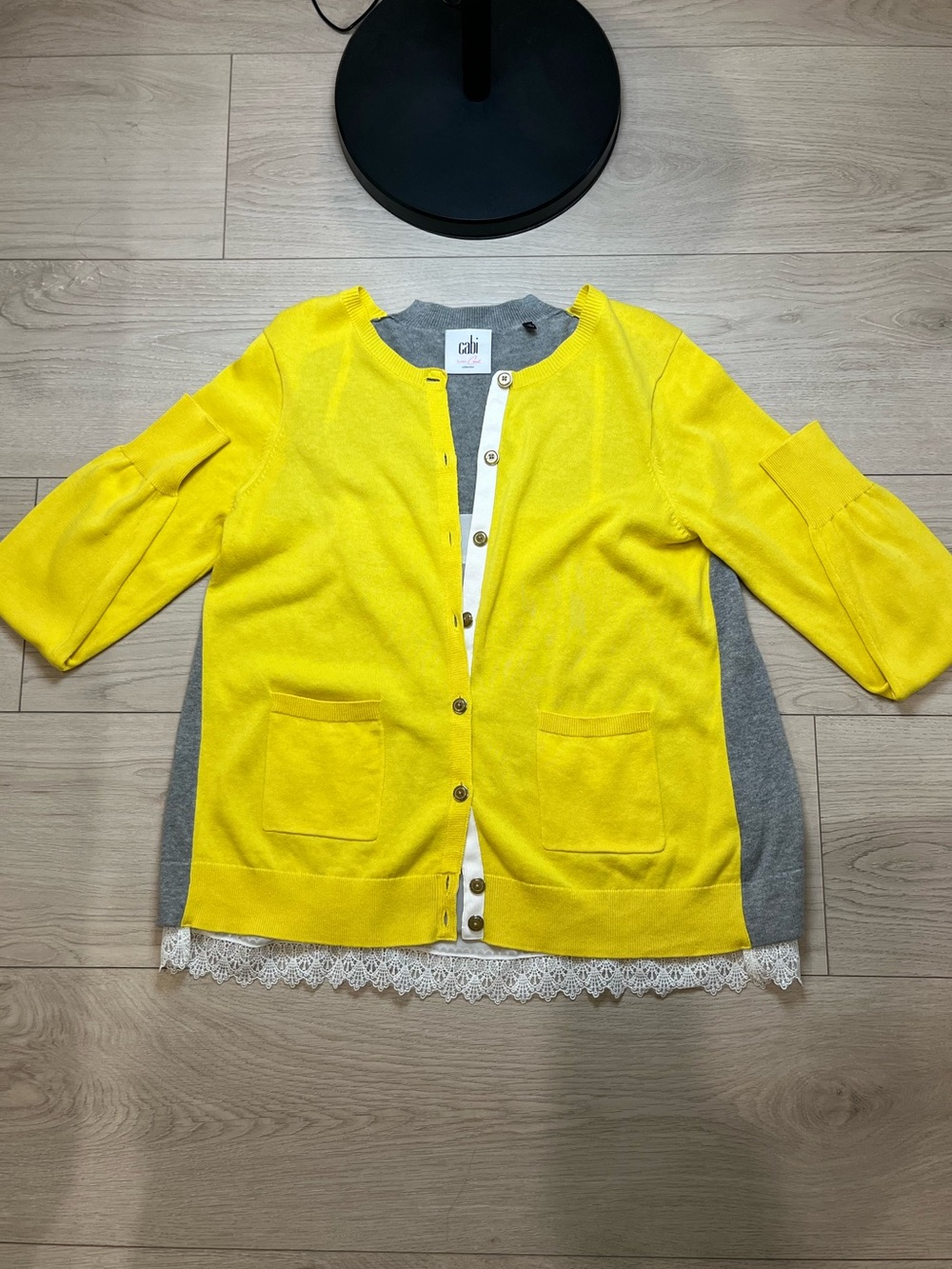 CAbi Yellow & Gray Layered-Back Button Cardigan size large